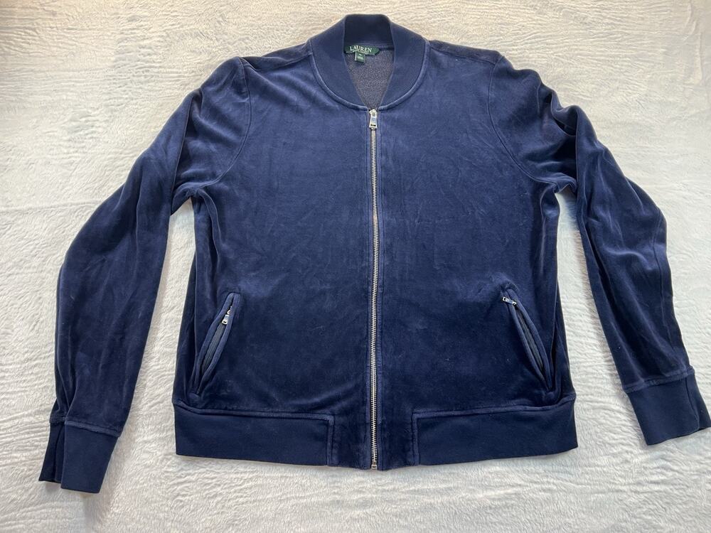 Lauren Ralph Lauren Womens Blue Velour Full Zip Sweatshirt Jacket Pockets XL